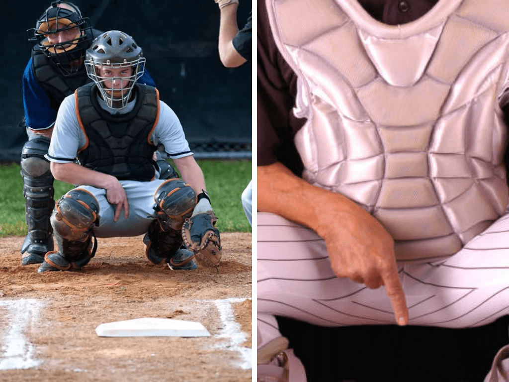 Baseball catcher using hand signals to communicate with the pitcher.